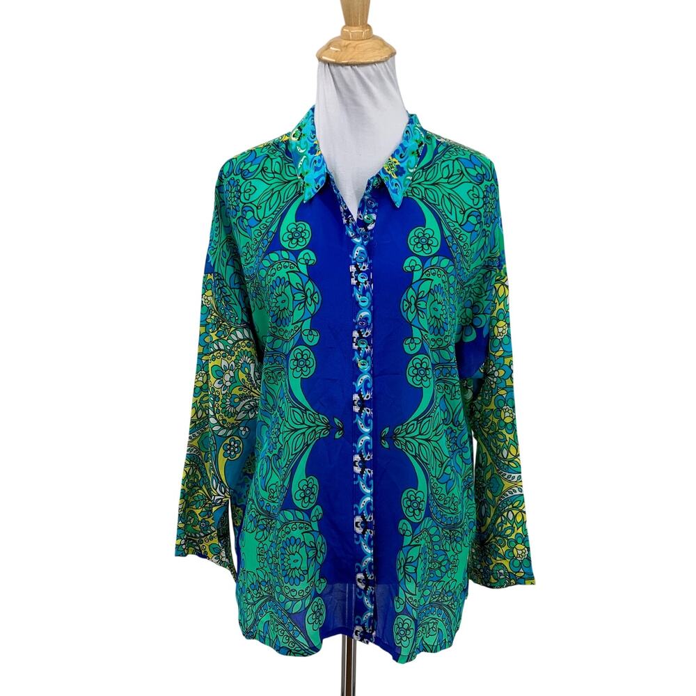 Johnny Was Blouse Women PL Large Petite Multi Slim Audrey Silk Button Up Paisley
